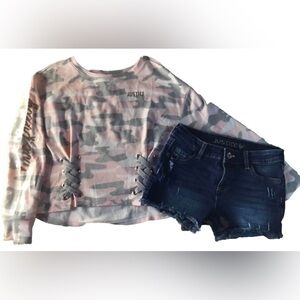 JUSTICE Girls size 10 12 CAMOUFLAGE SWEATSHIRT DISTRESSED JEAN SHORTS OUTFIT